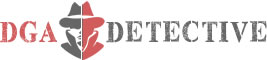 DGA detective logo in black and red with a drawing of a detective in the middle